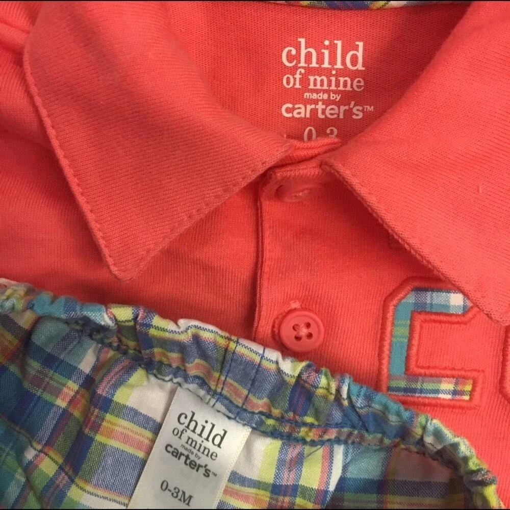 Child of Mine Boys Outfit Size 0-3 Months Orange Blue Baseball Polo Plaid Shorts